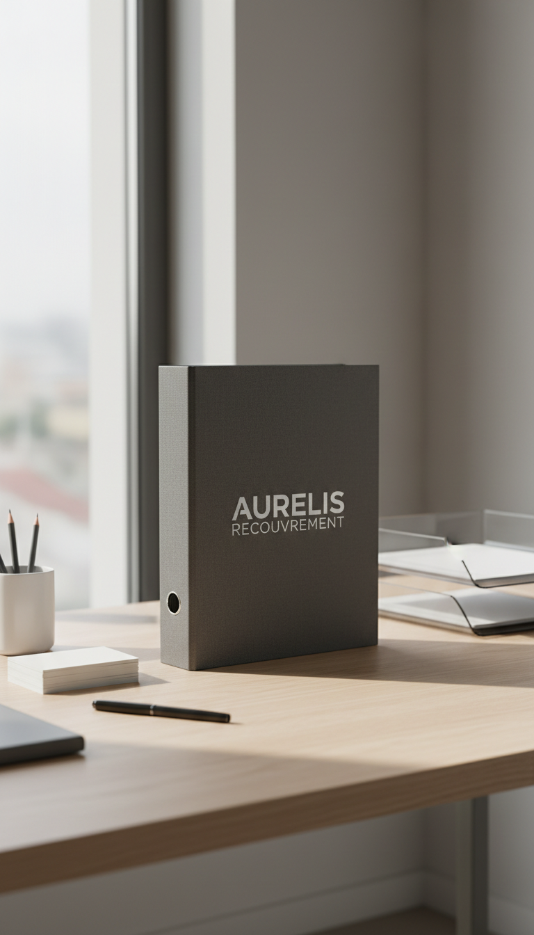 A sleek, textured binder embossed with the Aurelis Recouvrement logo in subtle silver, resting atop a carefully organized desk with clean, natural wood grain. The workspace features a minimal arrangement of elegant stationery and a neatly stacked document tray, all lit by soft natural daylight from a nearby window. The setting emphasizes neutral tones and uncluttered surfaces, creating an atmosphere of reliability, professionalism, and order. Captured at an eye-level angle with balanced composition and a shallow depth of field, the image exudes a corporate, modern aesthetic with photographic realism; the subtle highlights and shadows enhance the clean lines, reinforcing a trustworthy business environment for credit recovery services.