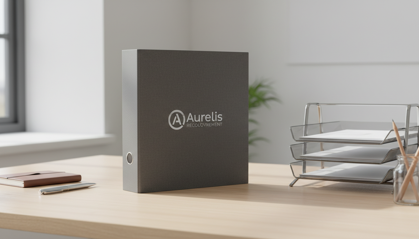 A sleek, textured binder embossed with the Aurelis Recouvrement logo in subtle silver, resting atop a carefully organized desk with clean, natural wood grain. The workspace features a minimal arrangement of elegant stationery and a neatly stacked document tray, all lit by soft natural daylight from a nearby window. The setting emphasizes neutral tones and uncluttered surfaces, creating an atmosphere of reliability, professionalism, and order. Captured at an eye-level angle with balanced composition and a shallow depth of field, the image exudes a corporate, modern aesthetic with photographic realism; the subtle highlights and shadows enhance the clean lines, reinforcing a trustworthy business environment for credit recovery services.