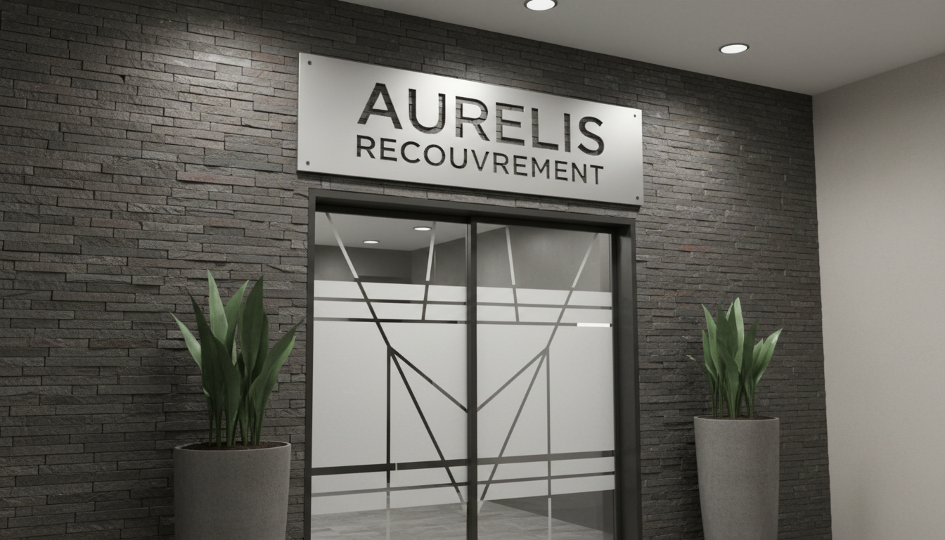 A modern, brushed aluminum sign displaying "Aurelis Recouvrement" with crisp, laser-cut lettering, mounted on a textured slate-gray wall. A tastefully designed entryway with potted sculptural plants and a glass door featuring geometric frosted panels sets the scene. Neutral, diffused artificial lighting from recessed fixtures softly highlights the sign while casting subtle shadows that accentuate the clean, architectural lines. Photographed from a slightly angled, head-on perspective, the image employs a centered composition and sharp focus, producing a refined, authoritative mood with a photographic, corporate aesthetic suited for a professional credit recovery firm.