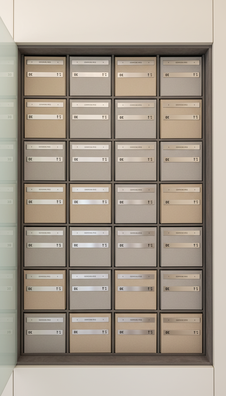 An orderly grid of neutral-colored file folders with metallic labels, arranged precisely inside a custom storage cabinet lined with muted suede. A minimalist glass divider and a neutral-toned wall serve as background, while soft overhead lighting casts balanced, diffused illumination that reduces harsh shadows and adds clarity. The photograph is composed from a top-down bird’s-eye view, emphasizing structure and methodical organization. The mood is calm, structured, and efficient, with an understated, professional visual language in line with a high-end business setting for debt recovery.
