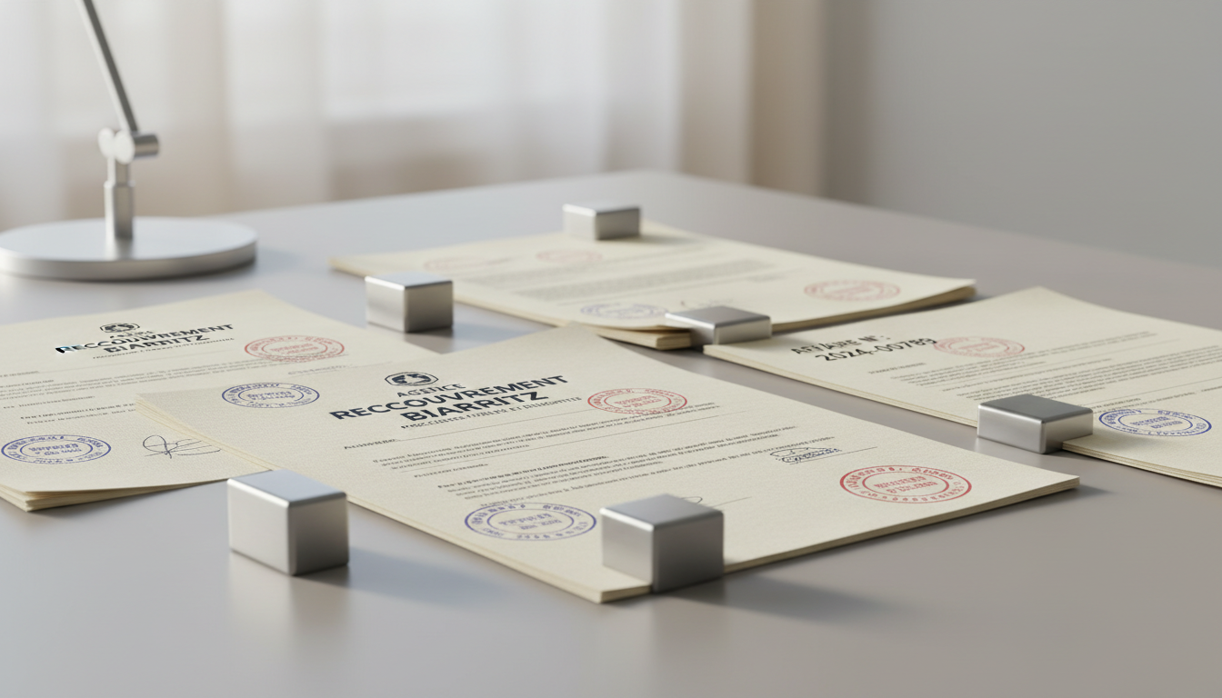 A pristine, structured layout of stamped, official-looking documents atop a refined, matte-grey desk. Luxurious paper textures and minimalist metal paperweights convey a sense of thoroughness and attention to detail. The background is soft and unobtrusive, with faint neutral hues. Gentle, diffused lighting from an adjacent lamp ensures every element is crisply visible but without glare, creating soft shadowing that adds depth. Framed using the rule of thirds, the composition conveys order and professionalism, echoing the diligent, reliable processes of a leading debt collection agency in the Biarritz area.